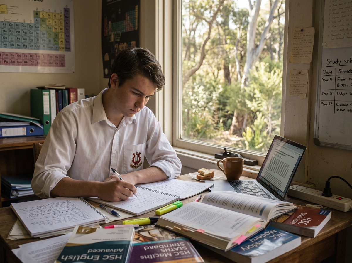Student studying at a sunlit desk
