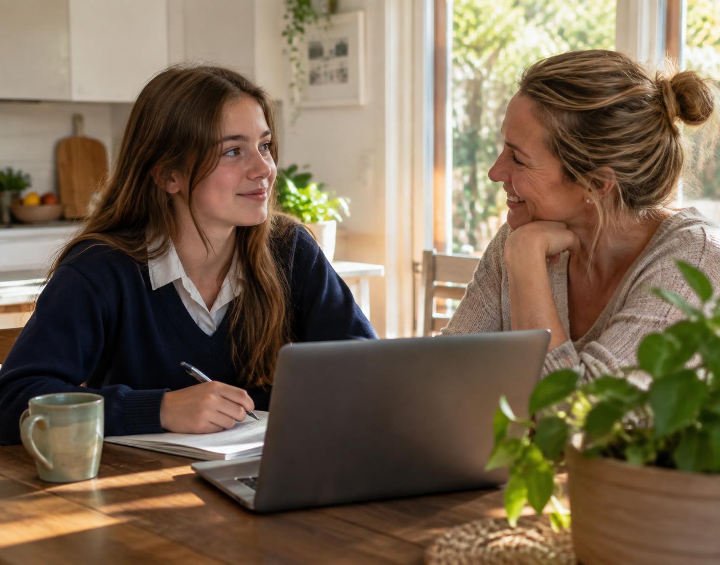 An Australian secondary student and her mother talking together at a sunlit kitchen table with a laptop and notebook.