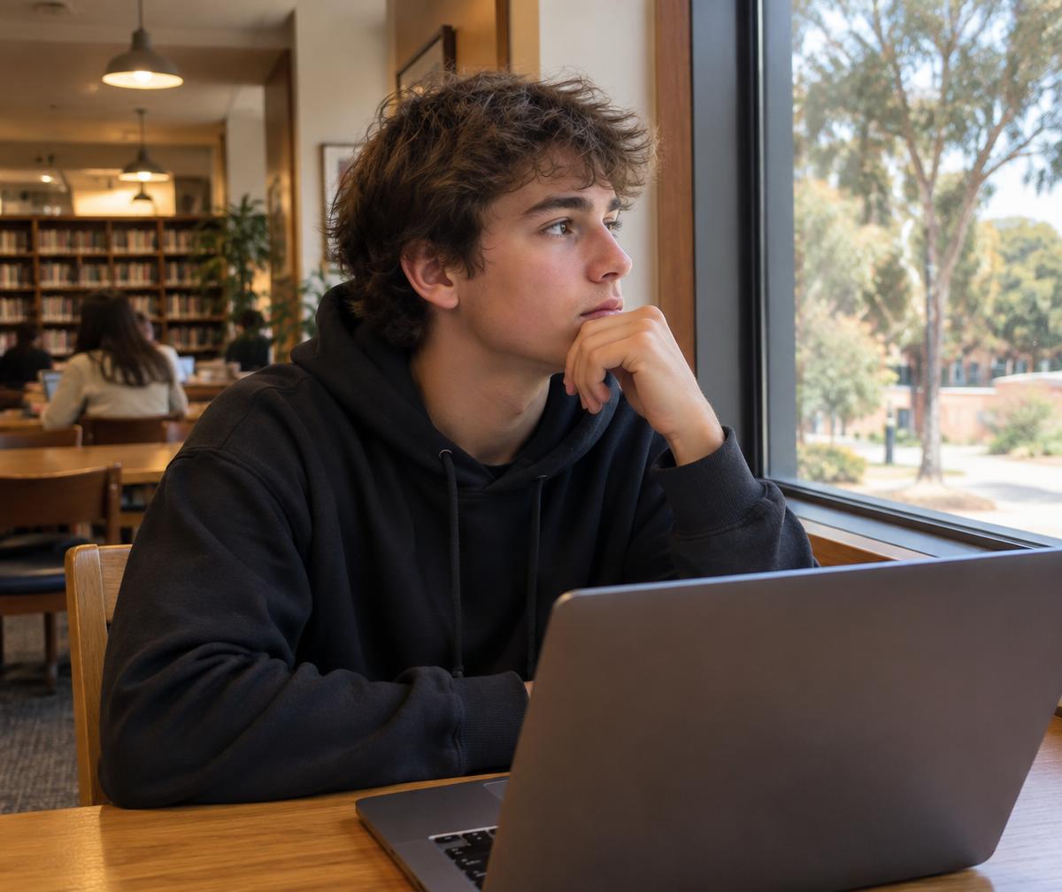 A thoughtful senior student sitting at a library table with a laptop, looking out the window.