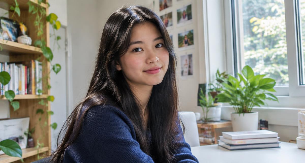 A young woman smiling in a bright home study