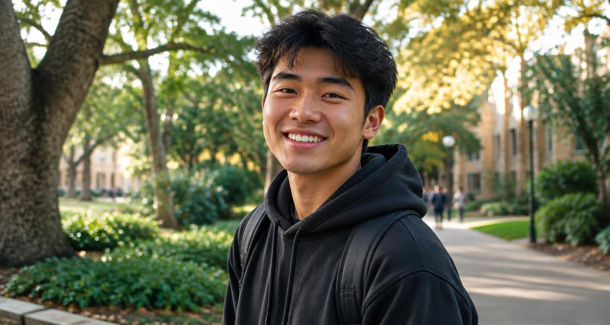 A smiling university student on a leafy campus