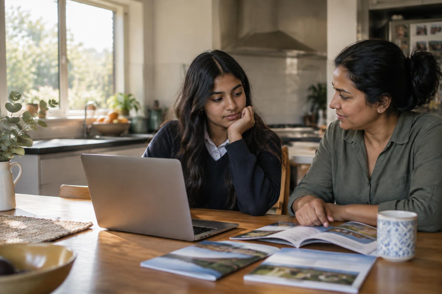 A student and her mother talking through course options at the kitchen table