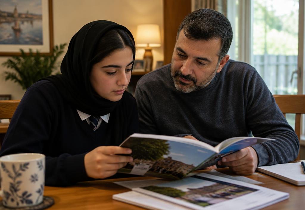 Student reviewing a course handbook with her father
